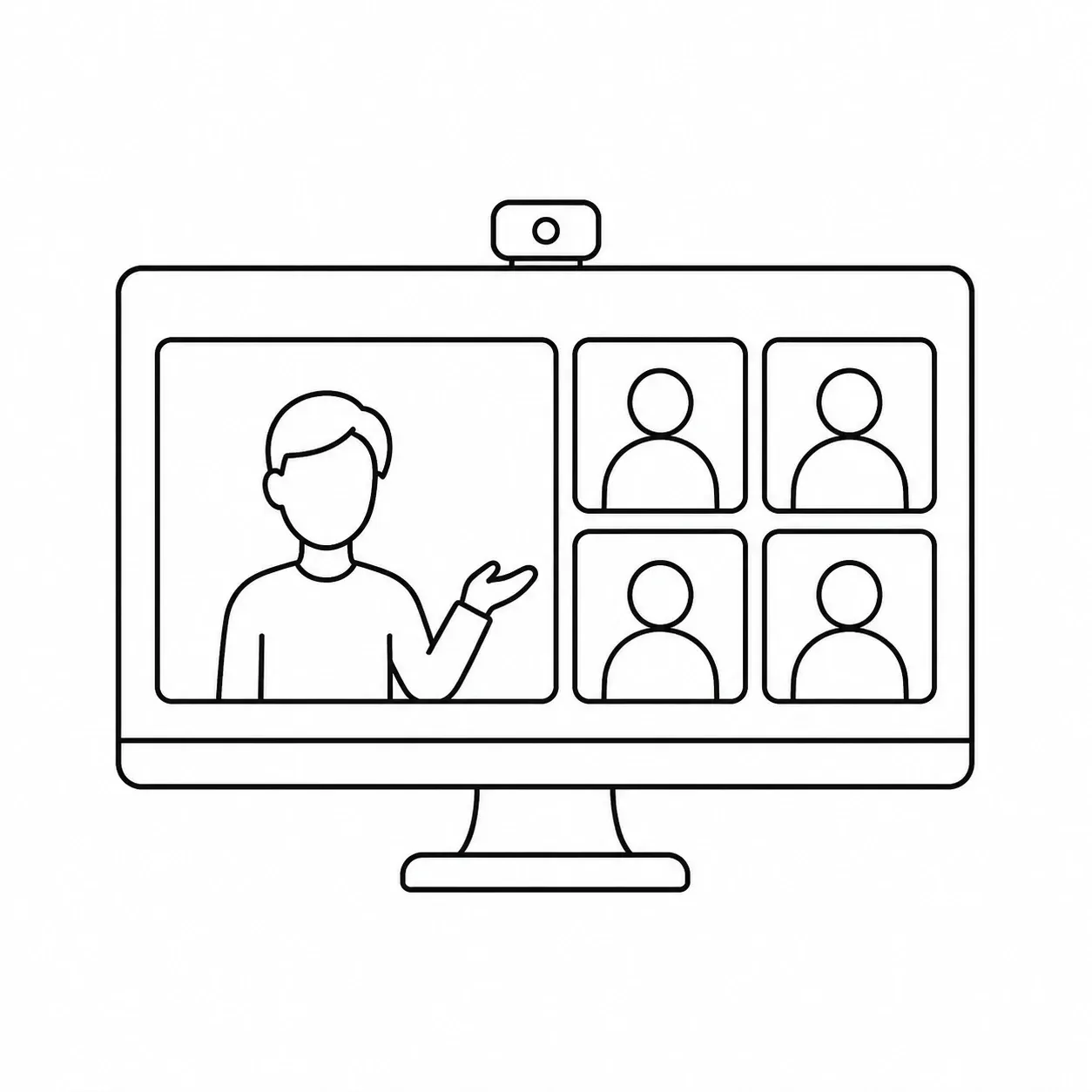 Line illustration of an IAL Biology teacher leading a personal online lesson with four students