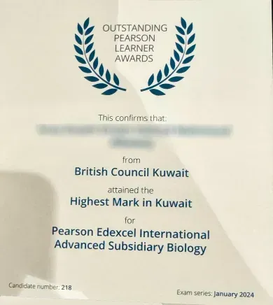Pearson Edexcel certificate awarded for the highest IAL Biology mark in the world, earned by a student of Mr. Hosni