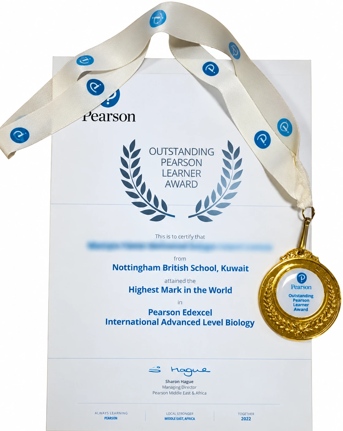 Highest mark in the world — Pearson Edexcel IAL Biology, 2022 (Outstanding Pearson Learner Award, Nottingham British School, Kuwait)