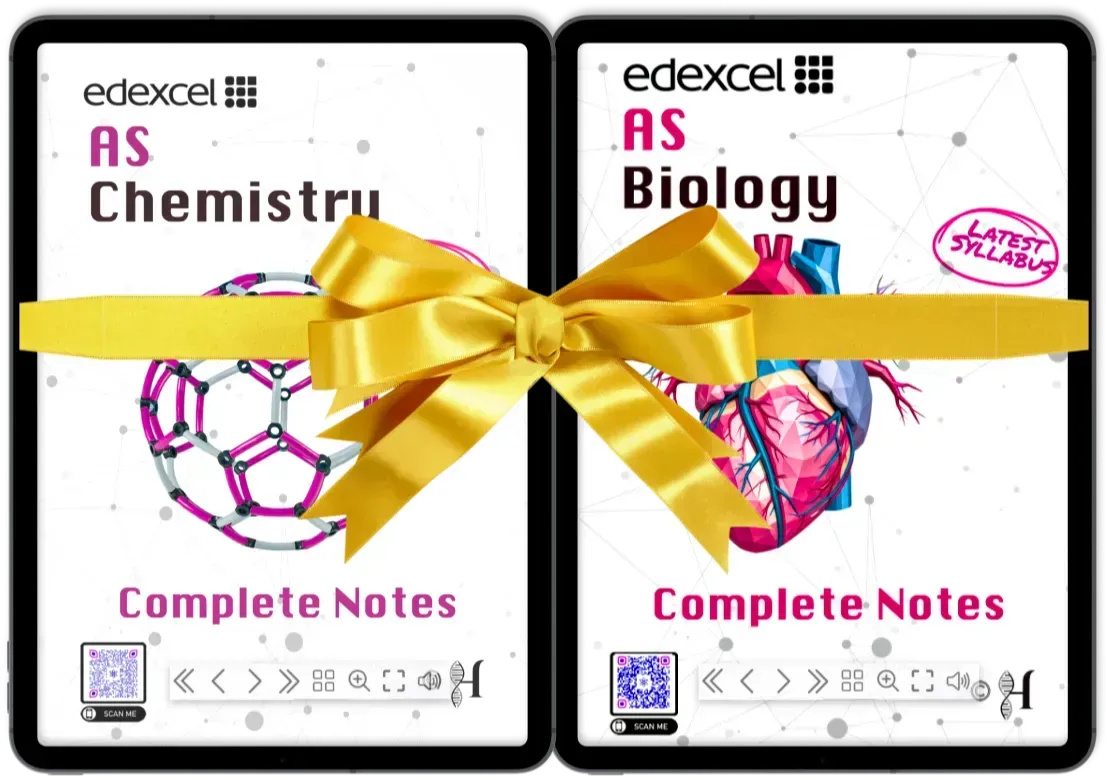 Edexcel IAL AS Chemistry and AS Biology Complete Notes eBooks package (Units 1–3 of each subject) tied together with a gold gift ribbon