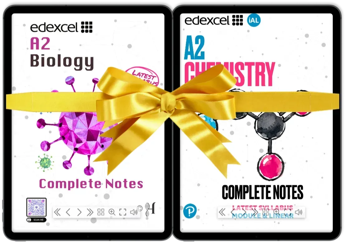 Edexcel IAL A2 Chemistry and A2 Biology Complete Notes eBooks package (Units 4–6 of each subject) tied together with a gold gift ribbon