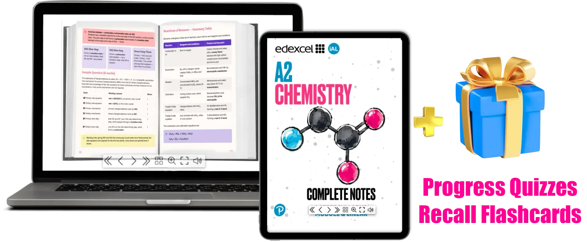 Edexcel IAL A2 Chemistry Complete Notes eBook (Units 4–6) shown on a laptop and tablet