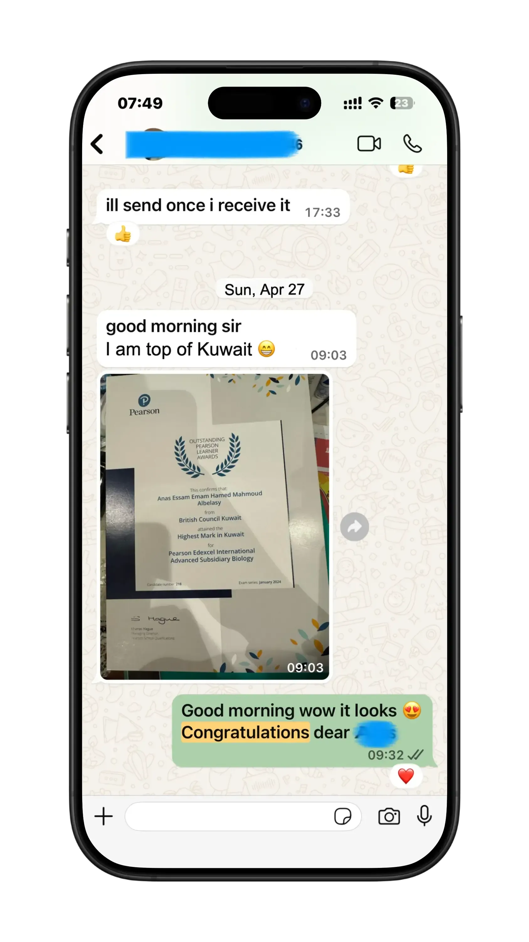 Verified IAL Biology student message 1 to Mr. Hosni