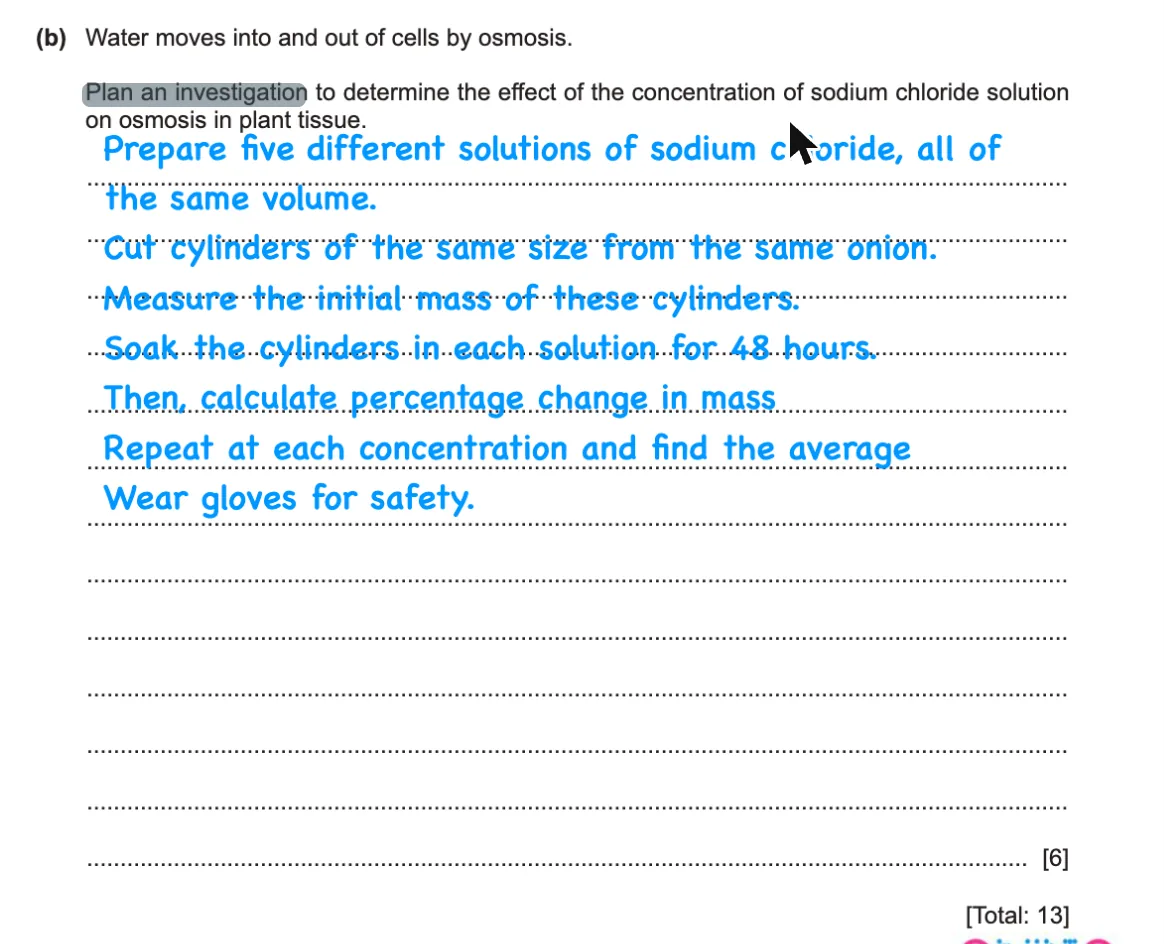 A handwritten model plan for the effect of sodium chloride concentration on osmosis in plant tissue: five solutions of the same volume, cylinders of the same size from the same onion, initial mass, soak for 48 hours, percentage change in mass, repeat and average, gloves