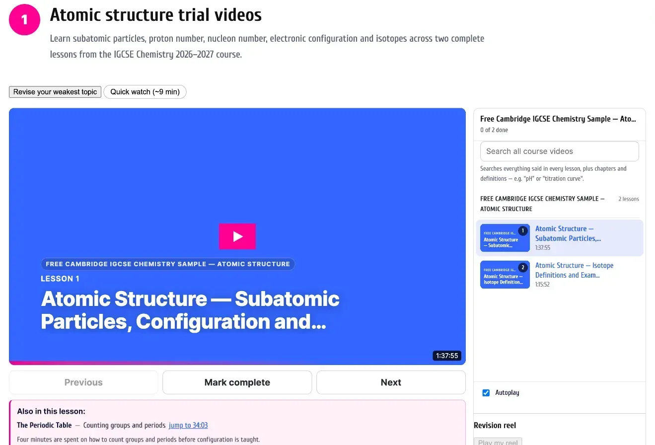 The IGCSE Chemistry course lesson player showing Lesson 1, Atomic Structure: subatomic particles, configuration and isotopes, with a two-lesson playlist and a search box for every word said in the course