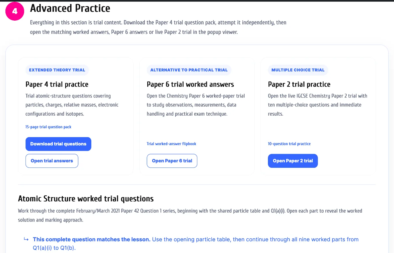 The free trial's Advanced Practice section showing the Paper 6 trial worked answers card between the Paper 4 and Paper 2 trial packs