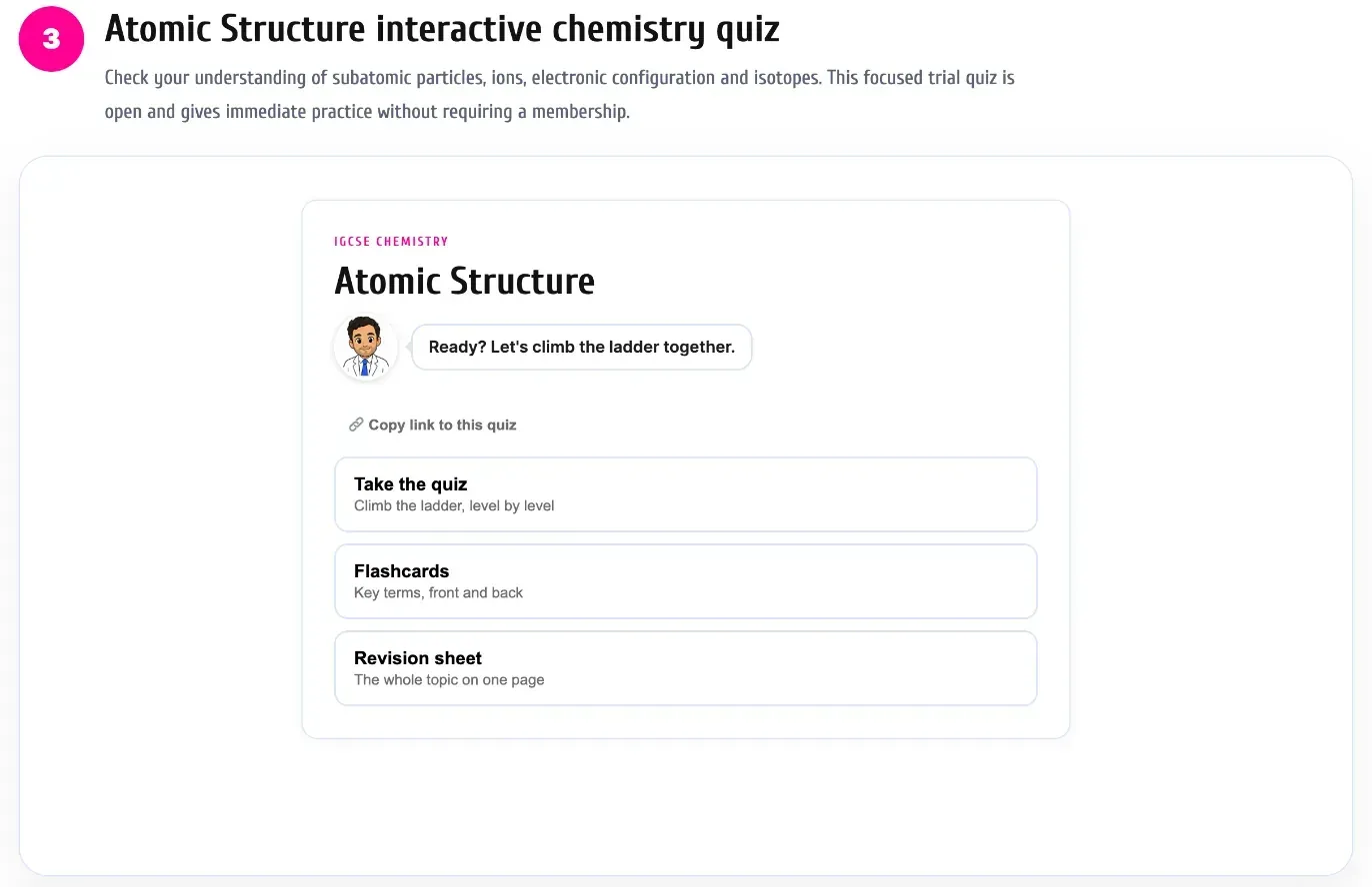 The course's quiz ladder card for Atomic Structure, with options to take the quiz, review flashcards or open the one-page revision sheet