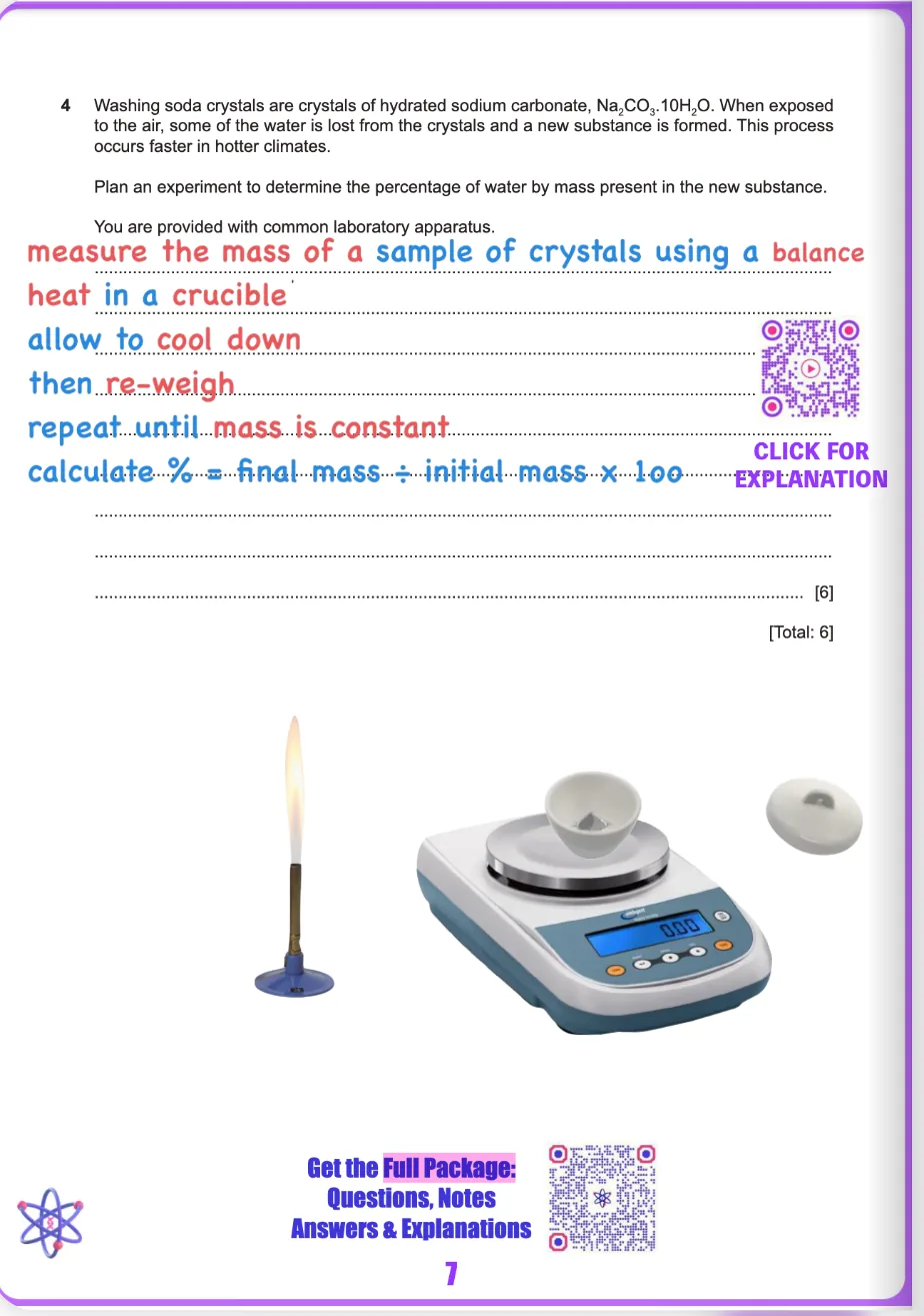 Question 4 from a solved Paper 6 in the Chem Bio flipbook: plan an experiment to find the percentage of water by mass in washing soda crystals, with the six-line model plan written in, a balance, a crucible and a Bunsen burner pictured