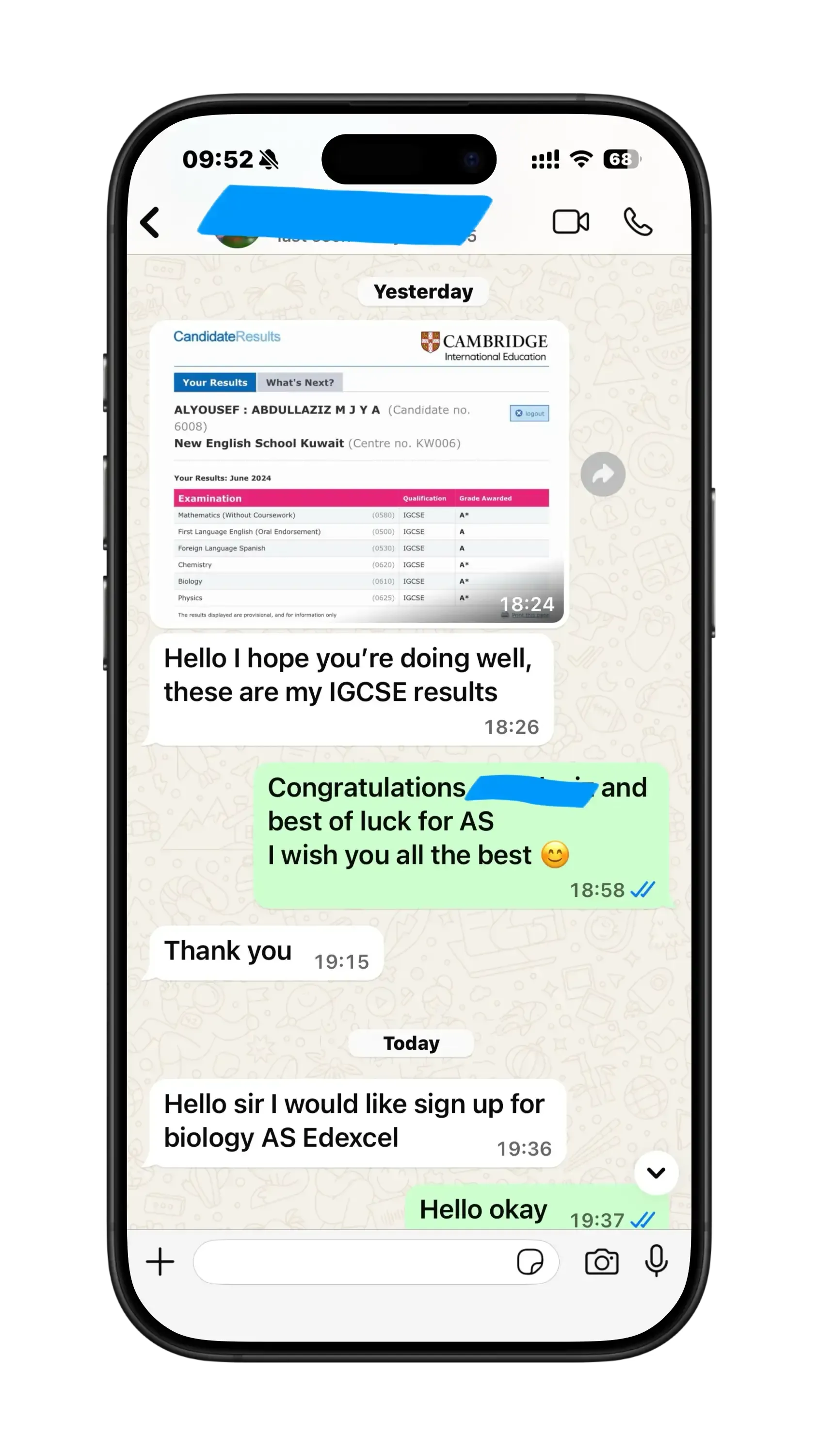 Verified IGCSE student message 1 to Mr. Hosni