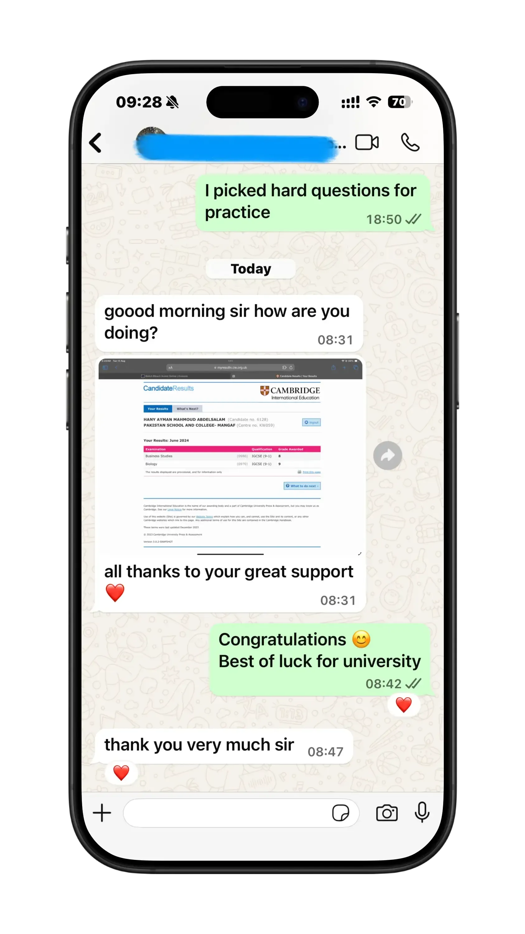 Verified IGCSE student message 2 to Mr. Hosni