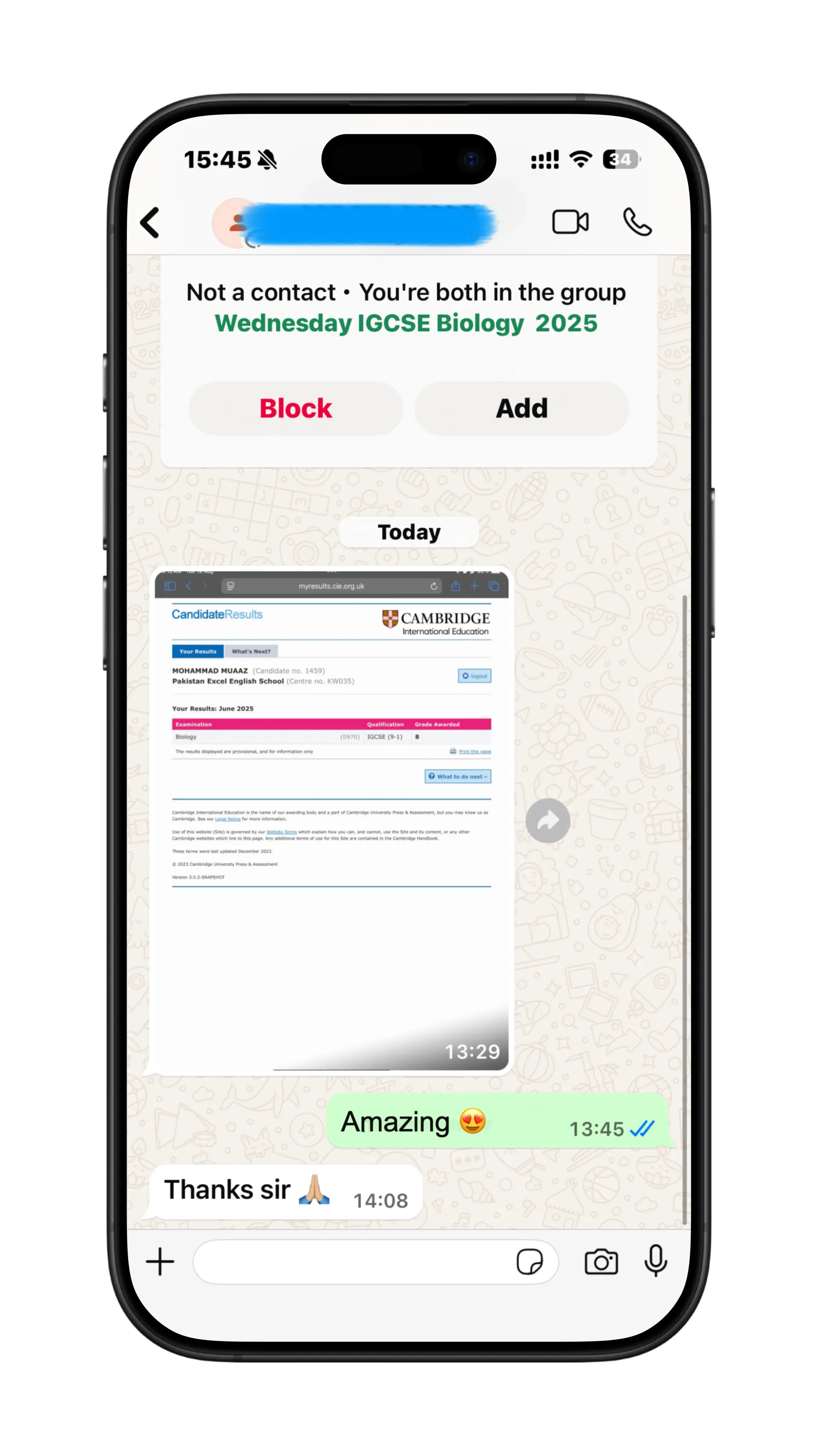 WhatsApp chat where a student thanks Mr. Hosni for his support throughout the course after receiving their grade