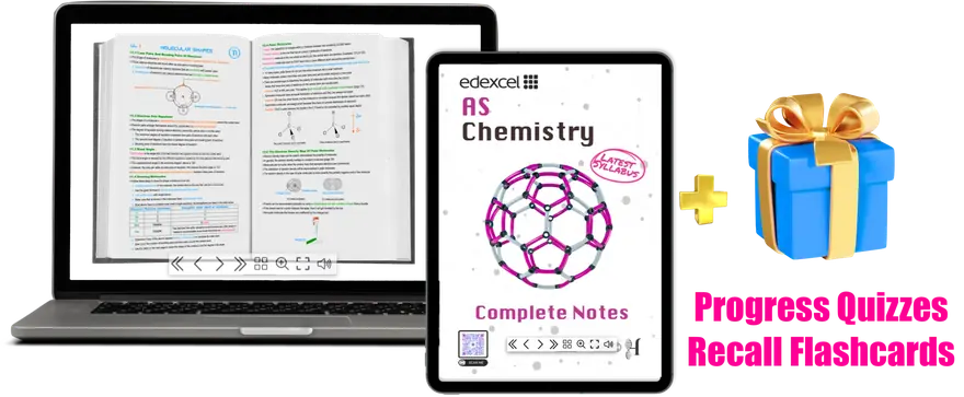 Edexcel IAL AS Chemistry Complete Notes eBook (Units 1–3) shown on a laptop and tablet