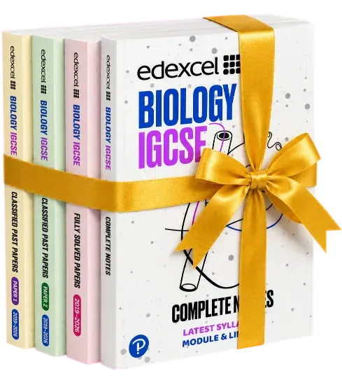 Edexcel International GCSE (IGCSE) Biology four-book set: complete notes, classified past papers for Papers 1 and 2, and fully solved papers 2019 to 2026, tied with a gold ribbon