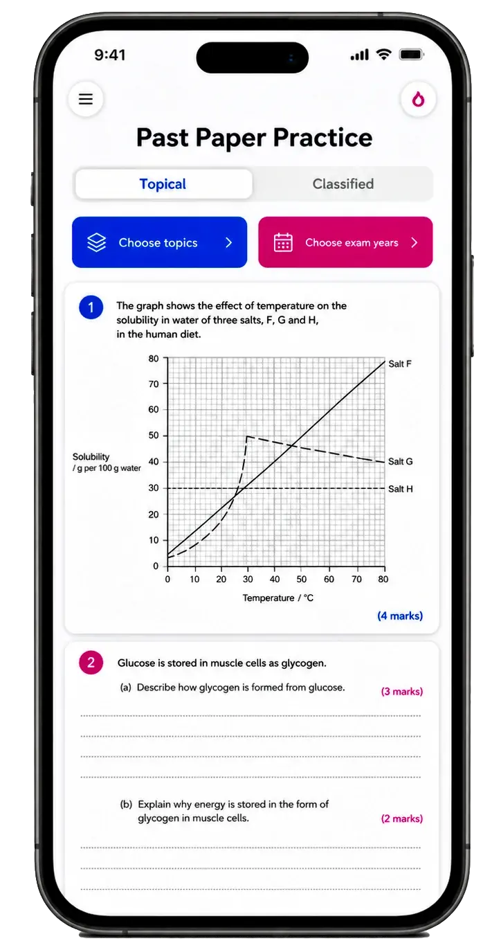 Chem-Bio past-paper practice app showing topical and classified modes, choose topics or exam years